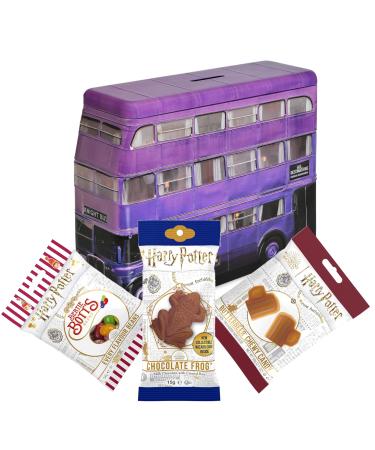 Harry Potter Set with Knight Bus Money Box with Bertie Botts 54g Chocolate Frog 15g and Butterbeer Candy 59g 4-pack