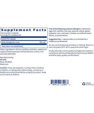 Klaire Labs Alpha-Ketoglutaric Acid - 60 Capsules for Energy & Metabolism Support - Buy Online on GoSupps.com