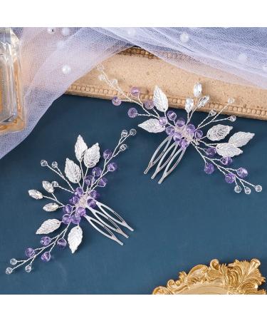 PAGOW 2PCS Purple Rhinestone Leaf Hair Comb Clips for Wedding Accessories - Women, Girls, Bride, Bridesmaid | Crystal Headpiece (4.73 x 2.76 inch) - Buy Online on GoSupps.com