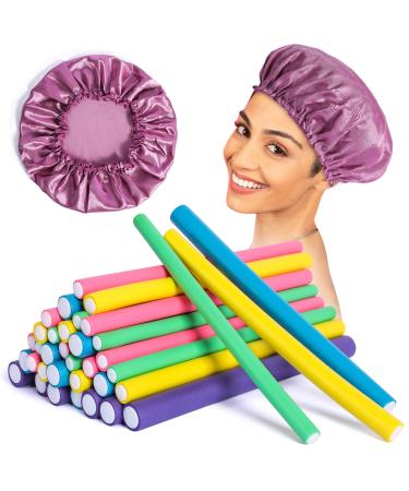Goodofferplace 35-pack 9 Flexi Rods Flexible Curling Rods Twist-flex Bendy Foam Hair Rollers Curlers to sleep in for Short Long Hair with Hair Bonnet Cap Multi-colored A