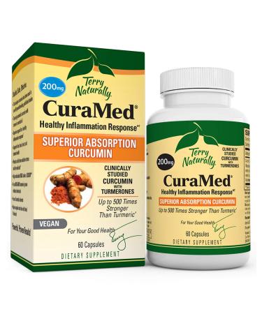 Terry Naturally CuraMed 200 mg - 60 Vegan Capsules - Superior Absorption BCM-95 Curcumin Supplement  Promotes Healthy Inflammation Response - Non-GMO  Gluten-Free  Kosher - 60 Servings 1