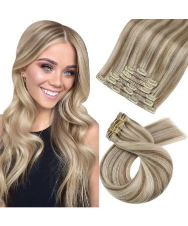 Moresoo Brown Hair Extensions Clip in Human Hair Light Brown with Platinum Blonde Highlight Clip in Hair Extensions 16 Inch Clip in Extensions 7 Pieces/120g #9A/60 40 cm #9A/60
