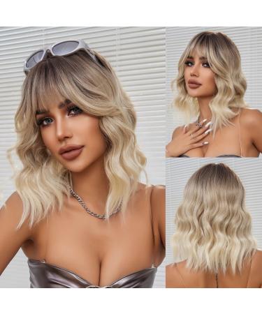 OUFEI Ombre Blonde Wigs for Women Short Wavy Wig With Bangs Natural Synthetic Hair Heat Resistant Wigs for Daily Party Cosplay Wear Ombre Blonde (wavy) - Buy Online on GoSupps.com