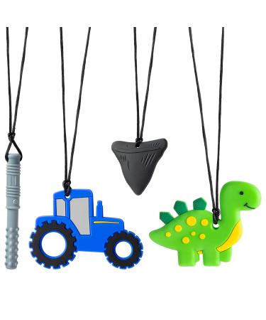 GROBRO7 4Pcs Sensory Chew Necklaces Car Teether Shark Tooth Food Grade Silicone Teething Chewing Toy Dinosaur Chewable Pendant for Infant Nibble Oral Motor Autism ADHD Boy Girl Kids Car & Dinosaur