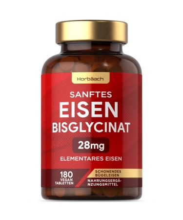 Iron tablets high dose 28 mg | 180 iron bisglycinate tablets | Energy support | Vegan iron supplement | by Horbaach