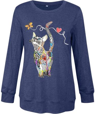 NHNKB Sweatshirt Women's Black Long Sleeve Women's Sweatshirt Cotton T-Shirt Women's with Print Cat Top Women's Black Elegant Casual Neck Shirt Women Blouse Long Sweatshirts Jumper Sleeves M Blue - Buy Online on GoSupps.com