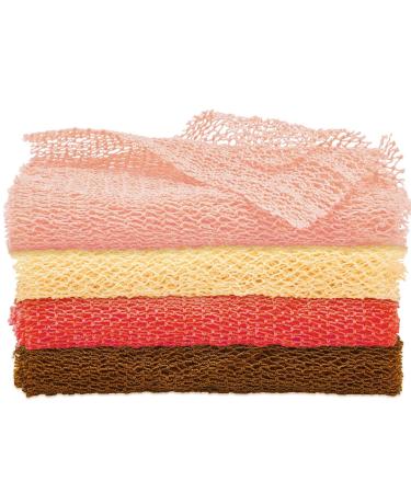 4 Pieces African Exfoliating Net for Body African Net Sponge Long Bath Net Sponge Shower Scrubber Back Scrubber Skin Smoother for Daily Use (Orange, Brown, Cream, Peach,25.6 x 7.9 inch)