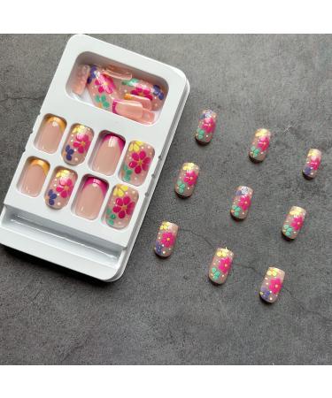 Short Square Nude Pink Flower Design Press on Nails - Full Cover Acrylic False Nails for Women and Girls - Buy Online on GoSupps.com