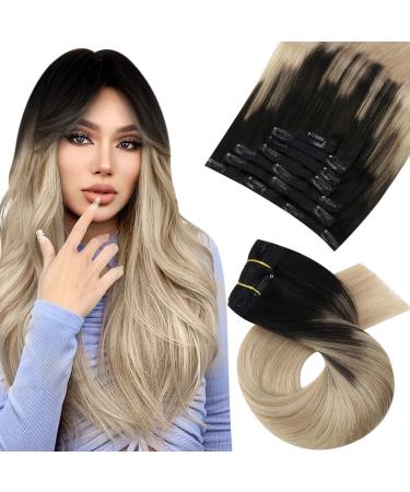 Moresoo Hair Extensions Clip in Real Hair Balayage Clip in Human Hair Extensions Natural Black to Ash Blonde with Platinum Blonde Clip in Extensions Real Hair 22 Inch 7 Pieces/120g #1B/18/60 55 cm #1B/18/60