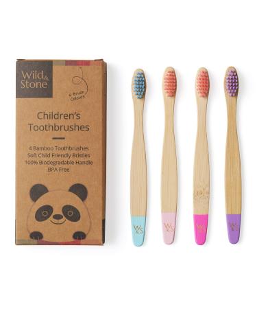 Wild & Stone Organic Children's Bamboo Toothbrush | 4 Pack Candy Colour | Soft Fibre Bristles | 100% Biodegradable Handle | BPA Free | Vegan Eco Friendly Kids Toothbrushes