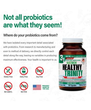 Natren Healthy Trinity Probiotics Supplement - 60 Dairy and Gluten Free Gel Capsules - Improve Gut and Digestive Health - 30 Billion CFU - Lactobacillus Acidophilus Bifidobacterium Bulgaricus - Buy Online on GoSupps.com