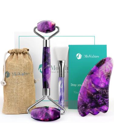 Authentic Amethyst Roller and Gua Sha Set - Jade Roller for Face - Face Roller: 100% Natural Amethyst - Face Massager, Facial Roller for Skin, Eyes, Neck - Authentic, Durable, Natural, No Squeaks