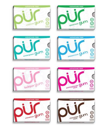 PUR Gum Sugar Free Chewing Gum with Xylitol, Aspartame Free + Gluten Free, Vegan & Keto Friendly - Naturally Flavored Gum, Variety Pack, 9 Pieces (Pack of 8) Variety 9 count (Pack of 8)