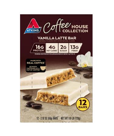 Atkins Coffee House Collection Vanilla Latte Bar 16g Protein 2g Sugar 4g Net Carbs 13g Fiber 12 Count Vanilla Latte 11 Fl Oz (Pack of 12)