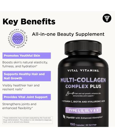 Vital Vitamins Multi Collagen Capsules with Biotin Hyaluronic Acid Vitamin C - Type I II III V X Peptides - Collagen Supplements for Men & Women - Hair Skin Nails Beauty Complex - 150 Count 150 Count (Pack of 1) Mul  - Buy Online on GoSupps.com
