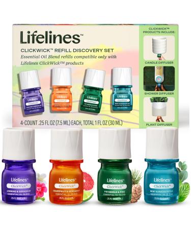 ClickWick Essential Oil Blends for Lifelines Diffusers 4-Pack Discovery Set - Essential Oil Blend Refill for Candle Plant & Shower Aromatherapy Diffuser - Fragrance for Diffusers