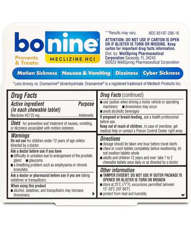 Bonine Motion Sickness Chewable Tablets - 32 Count with Meclizine Hydrochloride - Buy Online on GoSupps.com