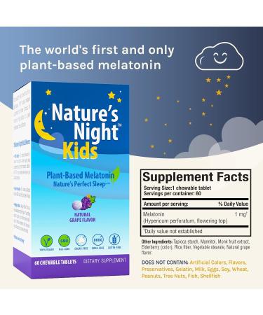 Nature's Night Kids | Plant Based Melatonin 1MG | Natural Grape Flavor | 60 Chewable Tablets | Gluten Free | Non-GMO | Drug Free | Vegan | 100% Natural | - Buy Online on GoSupps.com