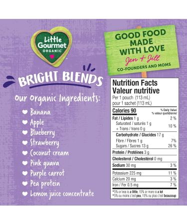 Little Gourmet Organic Bright Blends Baby Food Pouches - Banana Blueberry Strawberry Guava - No Added Sugar or Salt Non GMO No Fillers - (113ml) 12-Pouches Purple Banana Blueberry Strawberry Guava 113ml - 12 Pouches - Buy Online on GoSupps.com
