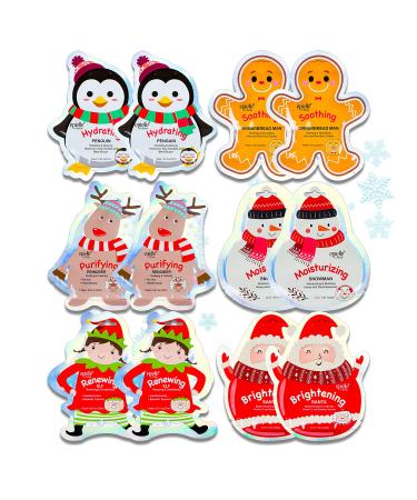 Epielle Christmas Holiday Character Sheet Mask Assortments Santa Reindeer Snowman Elf Gingerbread Penguin| Stocking Stuffers Christmas Gift Ideas (12pk) Birthday Party Gift for her kids Spa