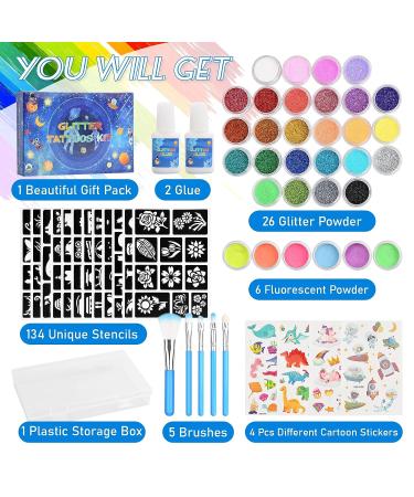 Glitter Tattoos Kit: 26 Large Glitter Colors, 6 Fluorescent Colors, 134 Stencils, 2 Glue - Perfect Gift for Girls, Teens, Women - Birthday, Christmas, Festival - Buy Online on GoSupps.com