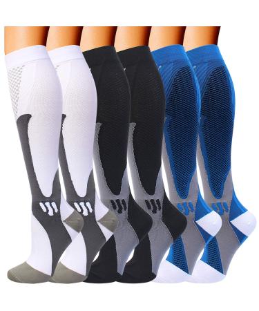 Double Couple 6 Pairs Compression Socks for Men Women 20-30mmhg Knee High Medical Support for Sports Nurses Circulation Flight Athletic White Blue Black X-Large-XX-Large