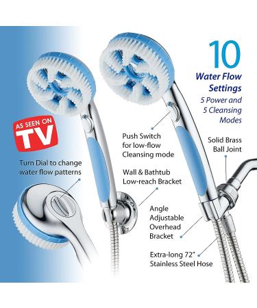 AquaCare 4-in-1 Aquassage Shower Head - High Pressure 10-mode Hand Shower with Hydro Body Brush & Hair Brush, Two Brackets, 6ft Stainless Steel Hose, Chrome Finish - Buy Online on GoSupps.com