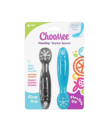 ChooMee Baby Spoons FlexiDip| Baby Led Weaning | Dip and Catch Purees | Pediatrician Approved Stage One Learning Utensil 100% Silicone Chew Friendly Material BPA Free | 2 CT | Blue Grey