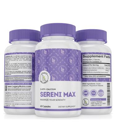 SERINI-MAX - 5-HTP Mood Support Supplement + Calcium - Supports Calm & Peaceful State of Mind - Boost Serotonin 5HTP 200mg for Stress Management & Sleep Support Supplements - 60 Capsules