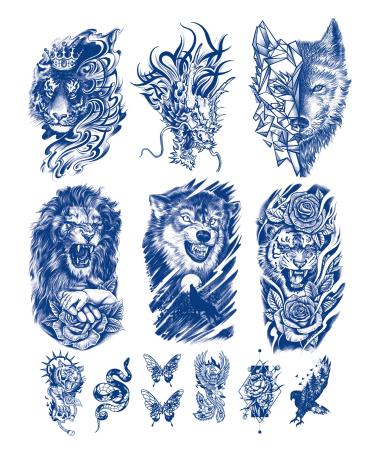 PADOUN Animal Temporary Tattoos - 12 Sheets of Semi-Permanent Waterproof Stickers Featuring Wolf  Tiger  Lion  and Dragon Designs  Long-Lasting for Men  Women  and Kids
