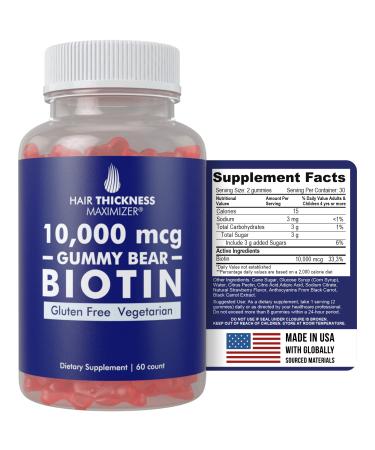 Hair Thickness Maximizer Biotin 10000 mcg Gummies Vegetarian Gluten Free. 10000mcg Natural Gummy Bear Hair Vitamin for Men and Women. Great for Hair Growth Combats Hair Loss and Thinning Hair Strawberry 60 Count (Pack of 1)