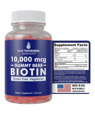 Hair Thickness Maximizer Biotin 10000 mcg Gummies Vegetarian Gluten Free. 10000mcg Natural Gummy Bear Hair Vitamin for Men and Women. Great for Hair Growth Combats Hair Loss and Thinning Hair Strawberry 60 Count (Pack of 1) - Buy Online on GoSupps.com