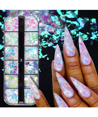 12 Grids Mermaid Nail Art Glitter 3D Holographic Nail Foil Flakes Iridescent Glitter Nail Sequins Laser Nail Decals Gradient Ice Through Nail Glitter Flake for Women Girls DIY Manicure Decorations B5