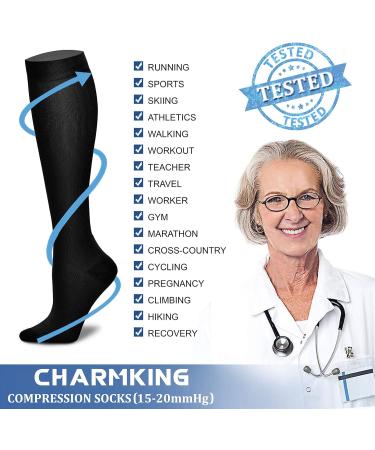 Charmking Compression Stockings for Men & Women | 15-20 mmHg Support for Running & Cycling | 8 Pairs in S-M - Black/White/Navy - Buy Online on GoSupps.com
