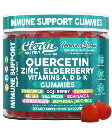 Clean Quercetin Elderberry Immune Support Gummies | Zinc Vitamin K2 D3 A Bromelain Goji Berry Turmeric Sea Moss Echinacea Astragalus Selenium Olive Leaf Immunity Supplement Gummy Vitamins