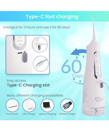 PRIMIS Cordless Water Flosser - 4 Modes, 6 Jet Tips, 310ML Tank - USB Rechargeable Oral Irrigator for Home & Travel - Waterproof Plaque Remover (White) - Buy Online on GoSupps.com