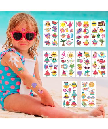 Summer Party Temporary Tattoos for Kids-10 Sheets Glitter Fruit Temporary Tattoos Tropical Party Favors For Kids Watercolor Hawaii Summer Beach Tattoos Sticks for Kids Adults Party Accessories