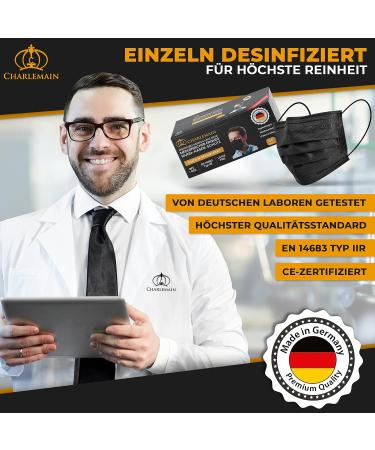 Charlemain 150x Black Medical Face Masks - EN 14683 Type IIR CE Certified 3-Layer Latex-Free BFE 99.9% - Ships Worldwide - Buy Online on GoSupps.com