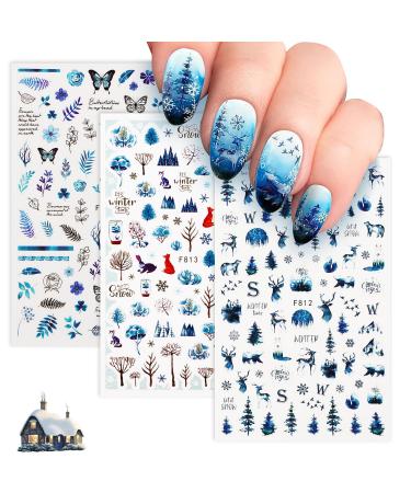 3 Sheets Christmas Nail Art Stickers Ink Blue Nail Decals Self-Adhesive Nail Sticker Manicure Tips DIY Christmas Nail Art Design Nail Decorations for Women Girls