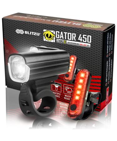 BLITZU Gator 450 Lumens Bike Lights Front and Back Set, Headlight and Tail Rear Light, USB Rechargeable Bicycle Lamp, Waterproof, LED Safety Flashlight Cycling Accessories, Fits Adult Kids MTB Helmet