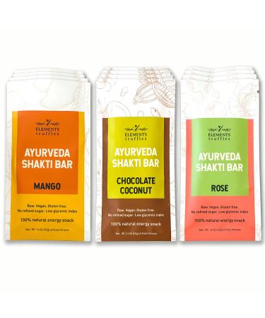 Elements Truffles Ayurveda Shakti Bars - Vegan & Organic Date Energy Snacks with No Added Sugar, Nuts or Gluten - Non-GMO Natural Grab & Go Food - Mango, Chocolate Coconut & Rose Variety Pack of 12 Variety 12 Pack