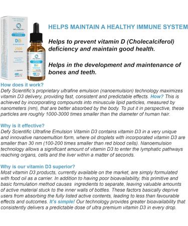 Defy Scientific Ultrafine Emulsion Vitamin D3 2500 IU Liquid (30 mL) Ultra Premium - For Maintenance of Healthy Immune System Bones and Teeth - Gluten and Dairy Free - Buy Online on GoSupps.com