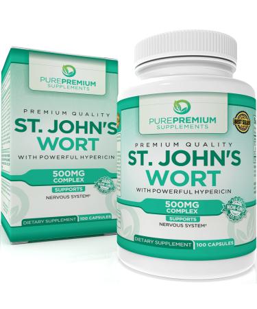 Pure Premium St Johns Wort Capsules 500mg, St. Johns Wort Capsules 300mg & 200mg Powder, Supports Normal Emotional Balance & Well-Being, Mood Support Supplement - 100 Capsules