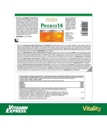 Probio 14: Daily Probiotic with 14 Bacterial Strains | 60 Vegetarian Capsules for Intestinal Health | 212 mg Active Cultures & 200 mg FOS - Vitality Nutritionals by VitaminExpress - Buy Online on GoSupps.com