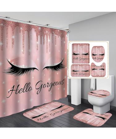 OLEBETY 4PCS Hello Gorgeous Unicorn Eyelash Shower Curtain Set Luxury Diamond Rose Gold Glitter Eyeshadow Makeup Pink Glam Beauty Fashion Girly Women Bathroom Decor Non-slip Bath Mat Toilet Rug Bling