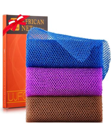 3 Pieces African Bath Sponge African Net Long Net Bath Sponge Exfoliating Shower Body Scrubber Back Scrubber Skin Smoother Great for Daily Use (Brown Blue Purple)