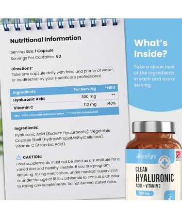 Hyaluronic Acid Supplements 300mg with Vitamin C | Pure Hyaluronic Acid Capsules | NO Additives | Strong Tablets - VitaBright Nutritional Supplements - Buy Online on GoSupps.com