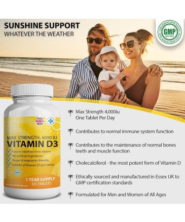 Vitamin D3 4000 IU Micro Tablets - 365 Day Supply | High Strength Sunshine Vitamin | Vegan & Vegetarian Friendly | Made in UK - Buy Online on GoSupps.com