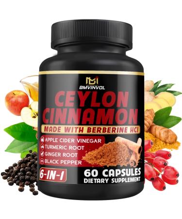 Ceylon Cinnamon Capsules with Berberine HCl Apple Cider Vinegar Turmeric Ginseng Black Pepper - 6in1 for Support Immune Function - 60 Count 60 Count (Pack of 1)