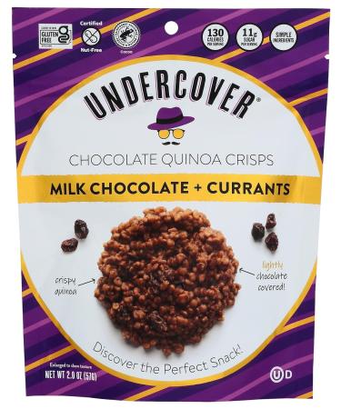 UNDERCOVER CHOCOLATE QUINOA CRISPS – MILK CHOCOLATE + CURRANTS | 8 Pack of 2oz Bags | Gluten Free Crispy Quinoa chocolate snacks | Kosher, Allergen Friendly, Nut Free